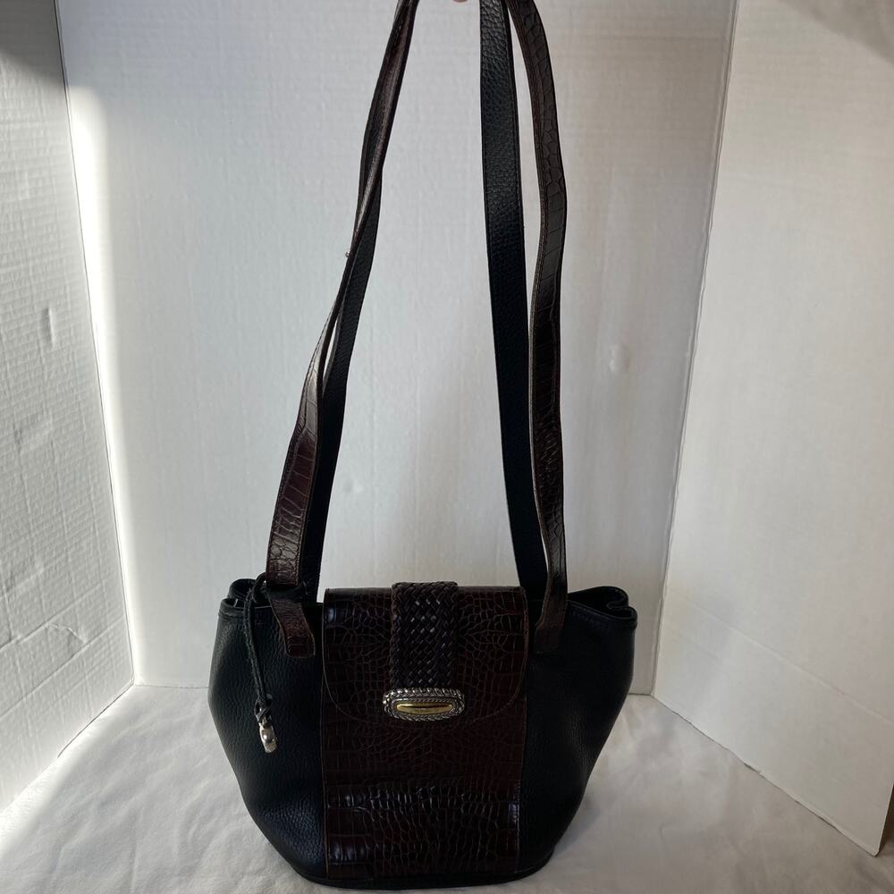 Vintage Brighton Black Brown Croc Embossed Leather Shoulder Bag - Picture 9 of 12